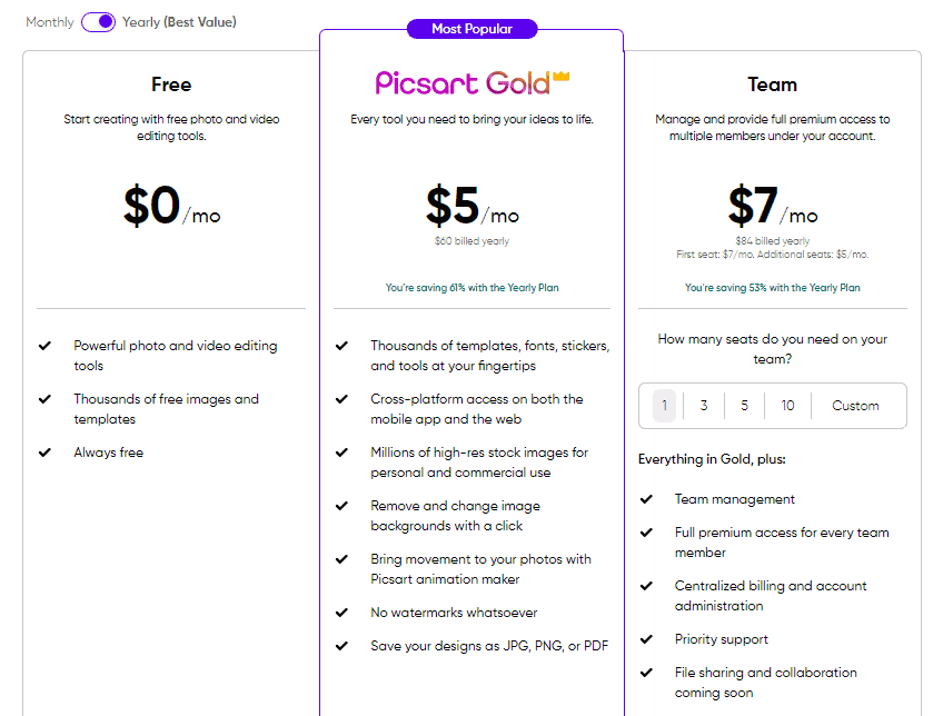 PicsArt pricing page.